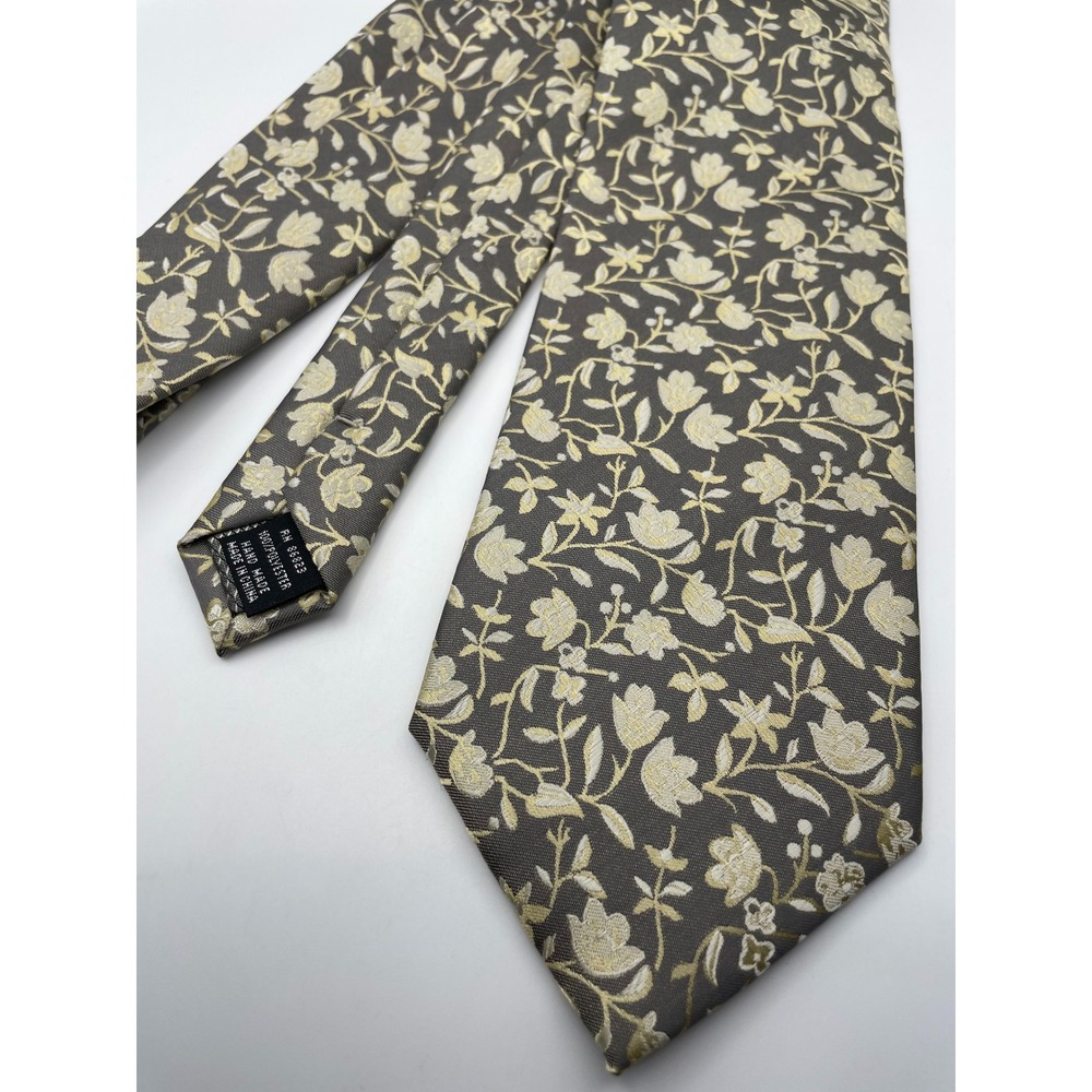 Valerio Garati Mens Floral Vine Necktie Grey Pale Yellow Woven Hand Made Tie